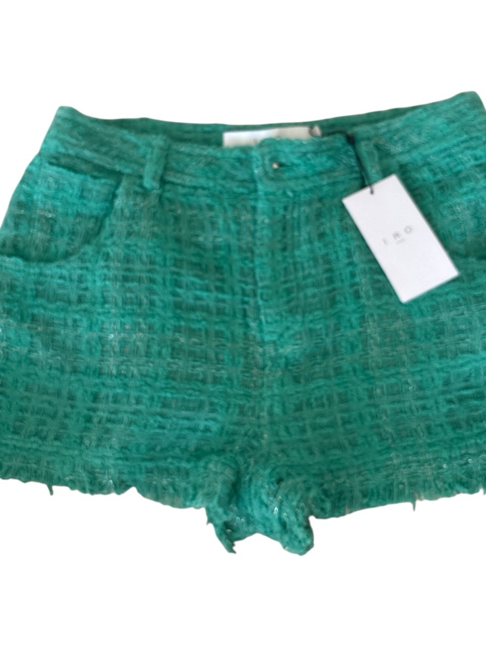 IRO Teal Tweed Frayed Hem Shorts